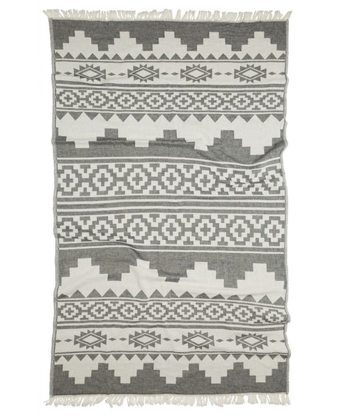 Throw & peshtemal towel set Aztec pattern, cotton, made in Turkey - Shopping Blue