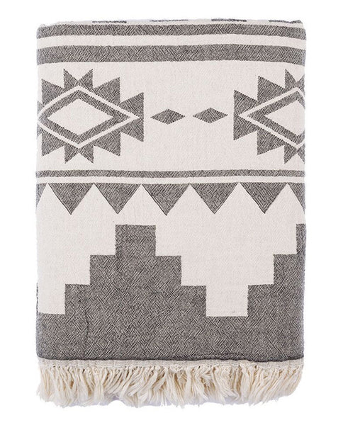Throw & peshtemal towel set Aztec pattern, cotton, made in Turkey - Shopping Blue